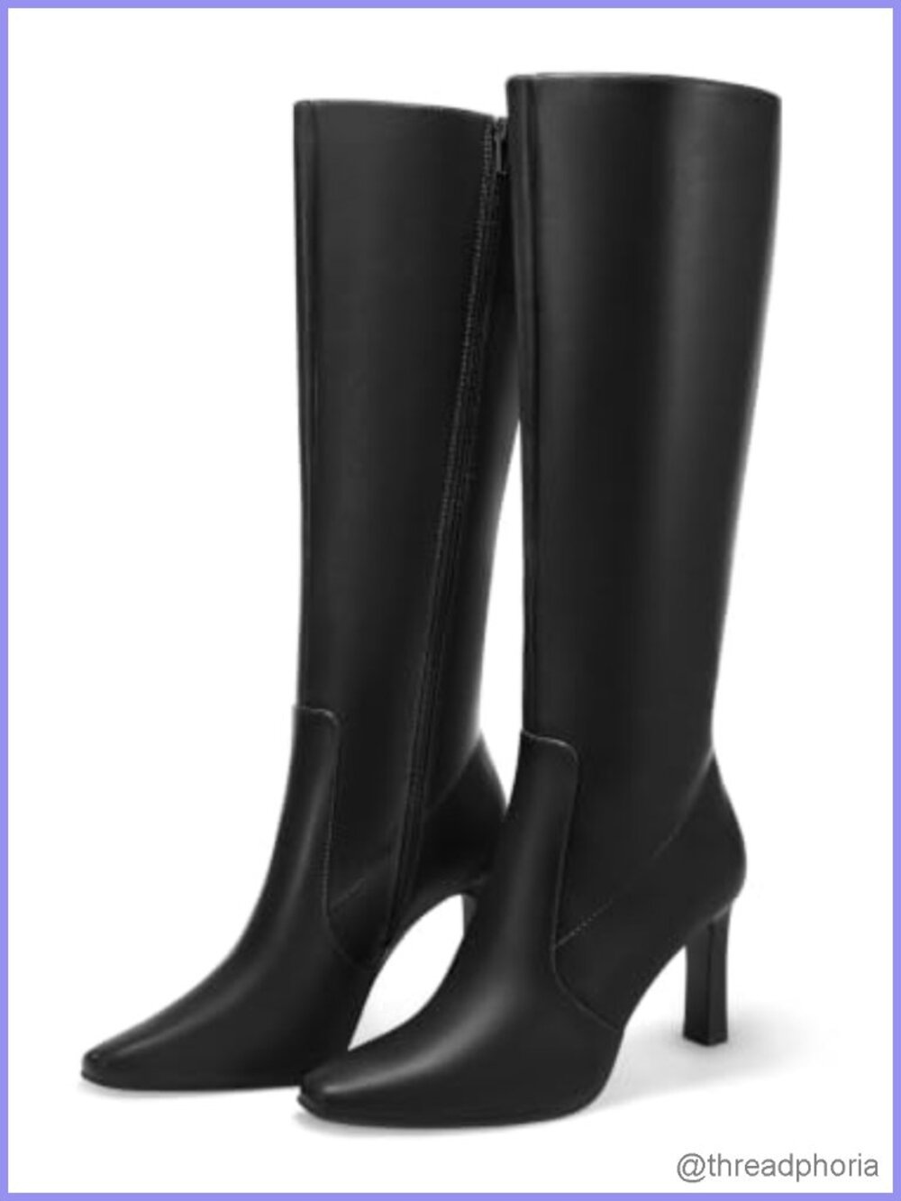 Faux Leather Knee High Boots Square Toe Stacked Chunky Heel Side Zipper Tall
